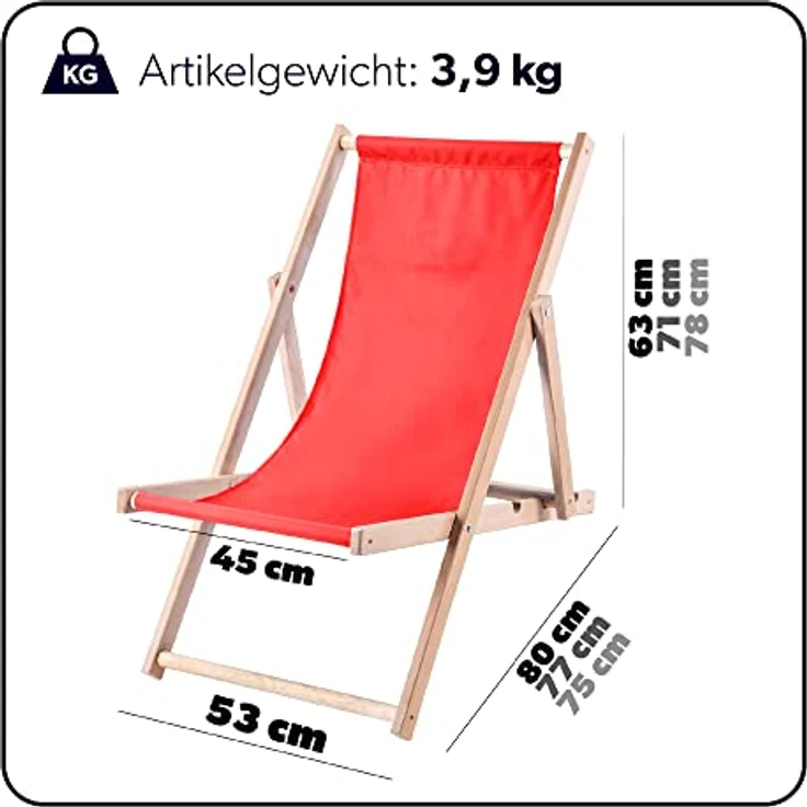 Kadax Holzliegestuhl, Klappstuhl aus Buchenholz, rot, 53x78 cm, UV- und feuchtigkeitsresistent, bis 120 kg Tragfähigkeit, Gartenliege – Bild 2
