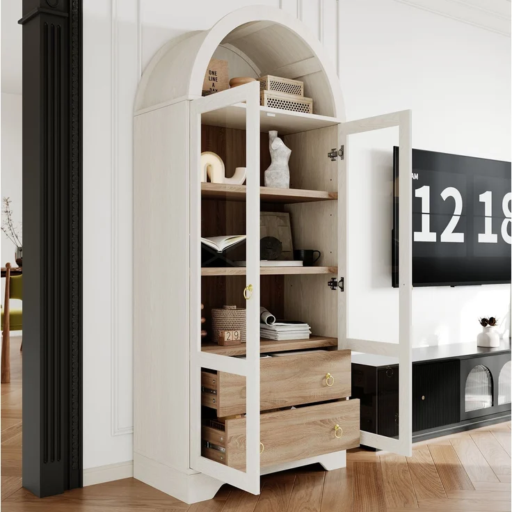 Highboard 76,2x40,1x180 cm mit Glastüren, verstellbaren Regalböden und Schubladen – Weiß – Bild 2