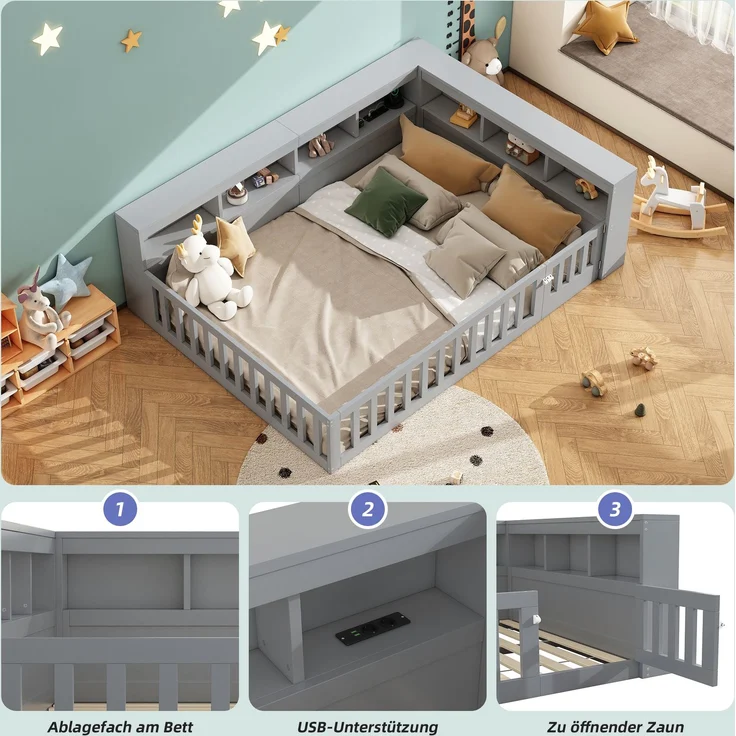 Bett mit Liegefläche 140x190 cm, integrierten Steckdosen und USB-Anschlüssen, Staufach und Geländer, Grau, ohne Matratze – Bild 10