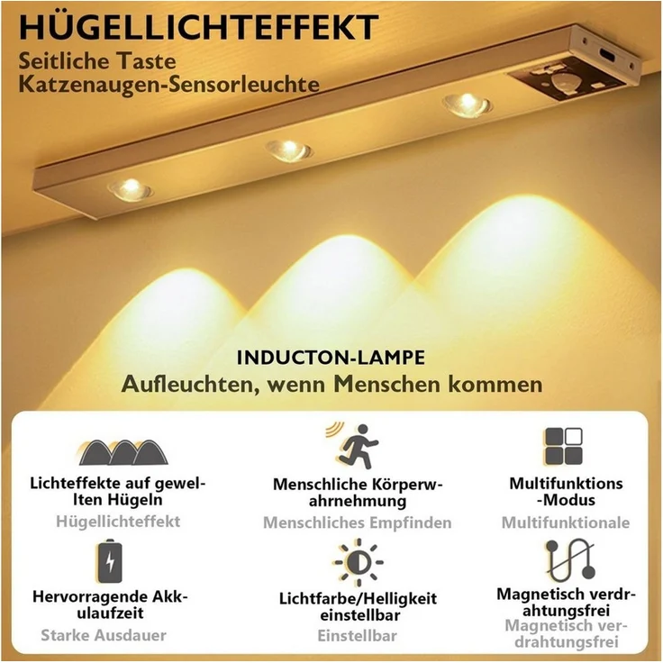 Jibenhome LED Unterbauleuchte Schrankbeleuchtung mit Bewegungsmelder, Dimmbar 3 Farb Schranklicht, USB Aufladbar Schrankleuchten,Lichtleiste mit Sensor Nachtlicht Treppe – Bild 2