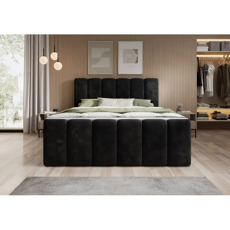 thematys Boxbett mit Bettkasten 180x200cm, mit Bonnellfederkernmatratze H3, Bouclé/Velours, mit Stauraum, mit 3 cm Topper, Schwarz (Velluto 20) – Bild 2