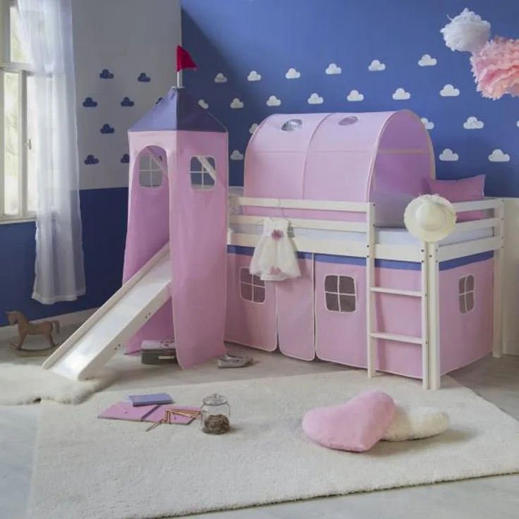 Homestyle4u Spielbett mit Tunnel, Turm und Rutsche, Rosa, Kiefernholz rosa / weiß, 90x200 cm