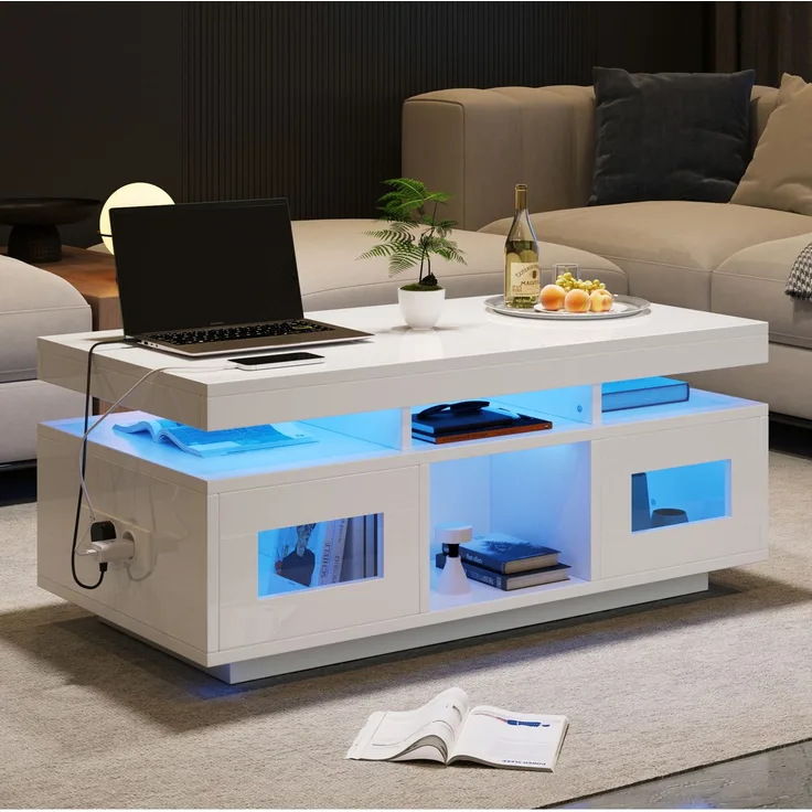 Couchtisch mit Hochglanzoberfläche, LED-Lichtstreifen & Stauraum, 100x50x43 cm, Weiß