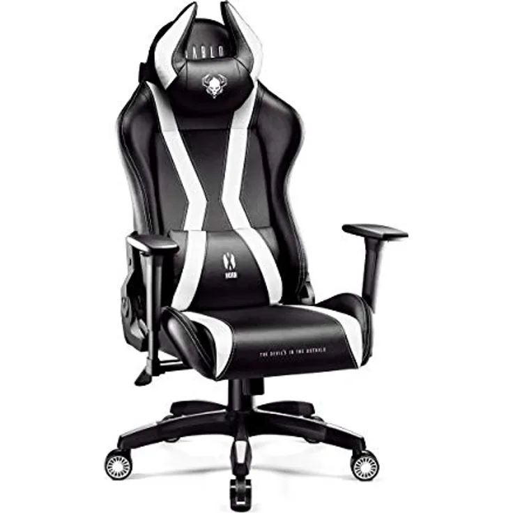 Diablo Anpassbarer Gaming Stuhl Ergonomisch X-Horn 2.0 | Verstellbare Rücken-, Sitz- und Armlehnen | Nacken-/Lendenkissen, Eco Lederpolsterung | Ergonomischer Gamer Stuhl | Normal (L) | Schwarz-Weiß