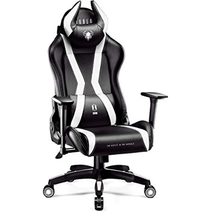 Diablo Anpassbarer Gaming Stuhl Ergonomisch X-Horn 2.0 | Verstellbare Rücken-, Sitz- und Armlehnen | Nacken-/Lendenkissen, Eco Lederpolsterung | Ergonomischer Gamer Stuhl | Normal (L) | Schwarz-Weiß – Bild 1