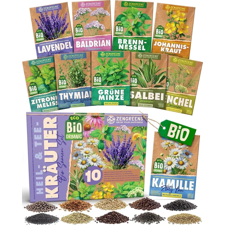 ZenGreens® - Bio Heil- und Teekräutersamen im 10er Set - 10 Heil- und Tee Kräuter Samen für den einfachen Anbau im Garten, Balkon oder Hochbeet - Pflanzensamen - Saatgut – Bild 1