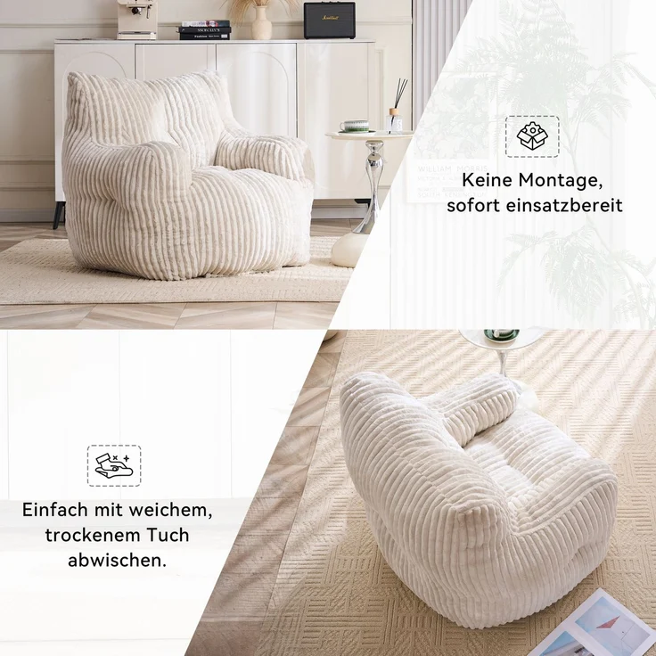DESVIAE Sitzsack gepolstert 94x70x100 cm aus Cord, Beige, mit Memory-Schaumstoff-Füllung – Bild 6