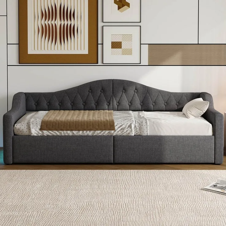 Merax Daybett mit hydraulischem Stauraum (Schlafsofa Sofabett Jugendbett Kinderbett Polsterbett, 1 tlg), Tagesbett 90x200cm mit LED-Beleuchtung Lattenrost Rückenlehne, Leinen