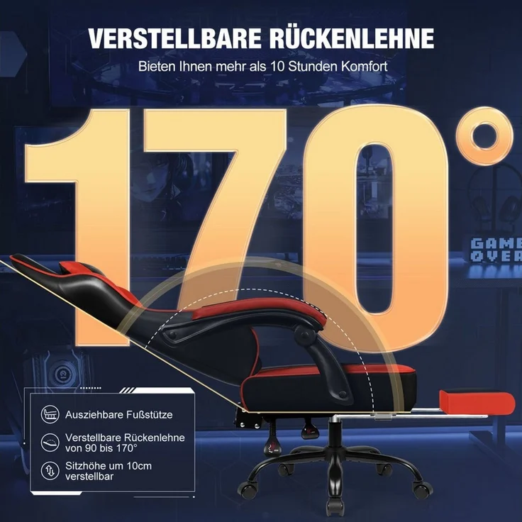 Hiazurm Gaming-Stuhl Gaming Stuhl Chair Gamer Sessel - Ergonomischer Gamer Stuhl (Tragkraft 150 Kg), Gamingstuhl mit Fußstütze Kopfstütze und Lordosenstütz PC Sessel – Bild 3