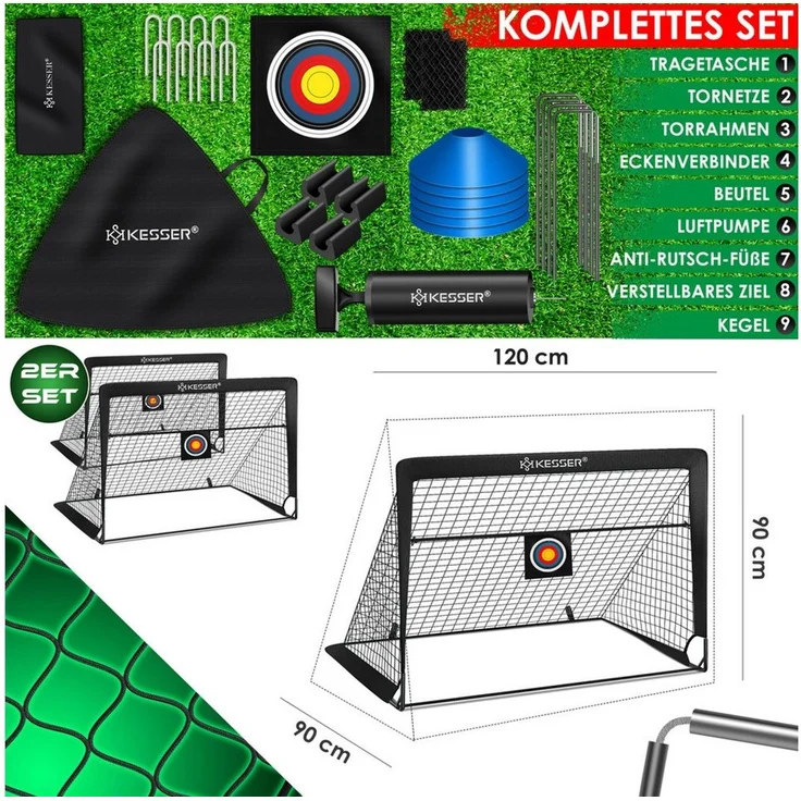 KESSER Pop-Up Fußballtor, 2er Set, mit Transporttasche, 6x Hütchen, Ballpumpe & Zielscheibe, Glasfaserstangen, 120x90 cm, Schwarz – Bild 2