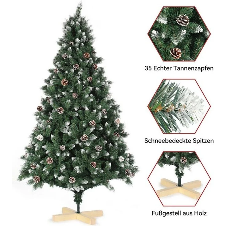 oyajia Künstlicher Weihnachtsbaum Künstlicher Weihnachtsbaum aus PVC,mit Schnee-Effekt, Holzständer, Christbaum Künstlich, Schwer entflammbarer Tannenbaum Künstlich, 1400 Zweige, 35 Zapfen – Bild 4