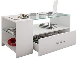 MID.YOU Couchtisch, Weiß, Glas/Holzwerkstoff, 1 Schublade, 100x45x50 cm, Stauraum