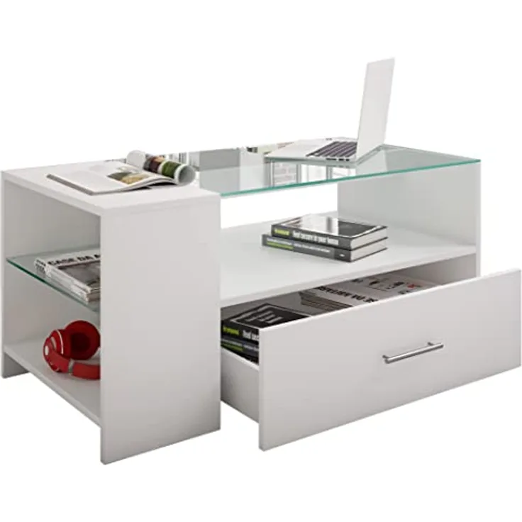 MID.YOU Couchtisch, Weiß, Glas/Holzwerkstoff, 1 Schublade, 100x45x50 cm, Stauraum