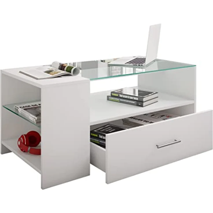 MID.YOU Couchtisch, Weiß, Glas/Holzwerkstoff, 1 Schublade, 100x45x50 cm, Stauraum – Bild 1