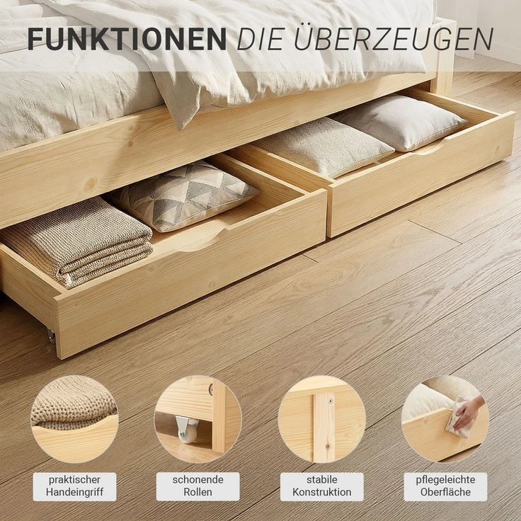 Holzbett 140x200 cm mit Federkernmatratze & 2 Bettkästen Doppelbett Bett Holzbettrahmen Natur Massiv Holz Lattenrost – Bild 6