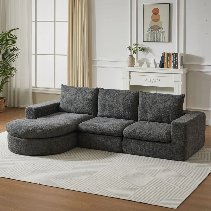 Modulares Sofa H 81 x T 251 x B 160 cm aus Chenille in Grau mit verstellbarer Chaiselongue – Bild 1