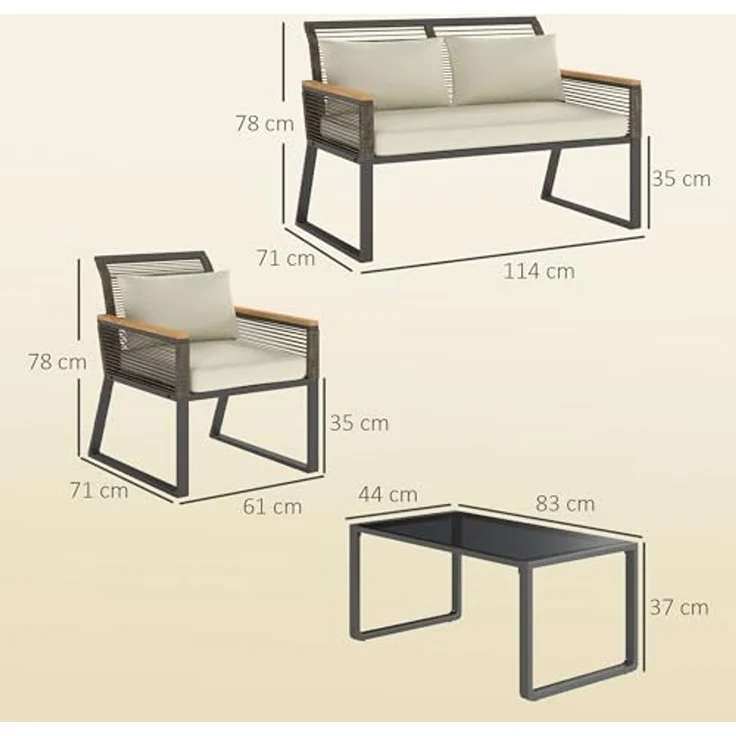 Outsunny Sitzgruppe 4 Personen, mit 2er Sofa, 2 Stühle, Glastisch, Kissen, (wetterfest Balkonmöbel-Set, 4-tlg, Polyrattan Gartenmöbel Set), Gartenlounge für Garten Balkon Grau+Beige – Bild 7