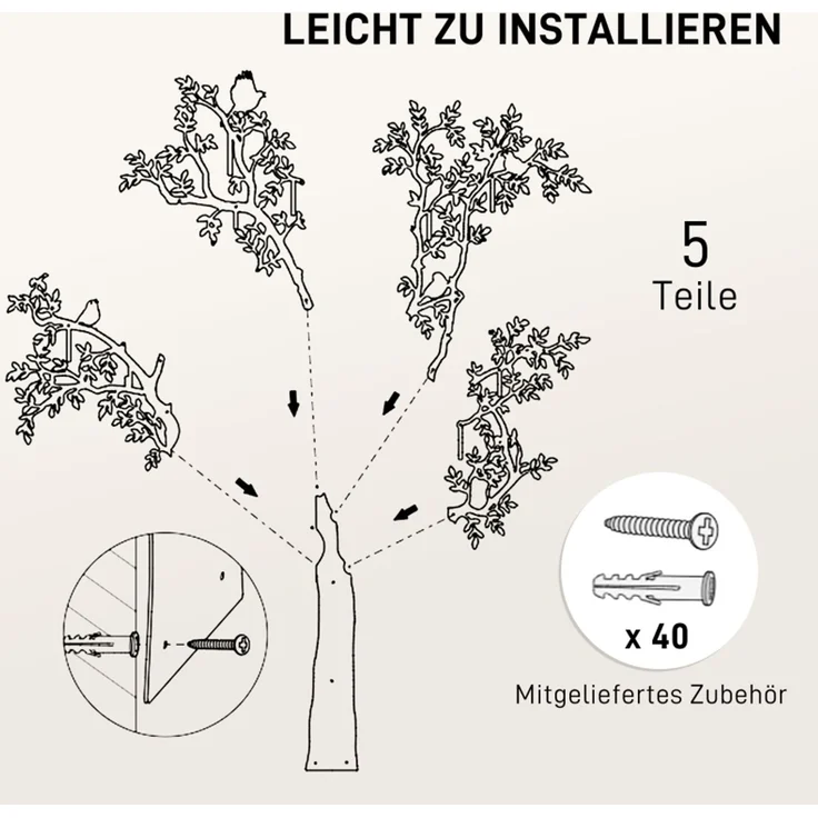 Wandgarderobe 120x175 cm in Schwarz – Baumdesign mit 8 Haken aus Metall – Bild 6