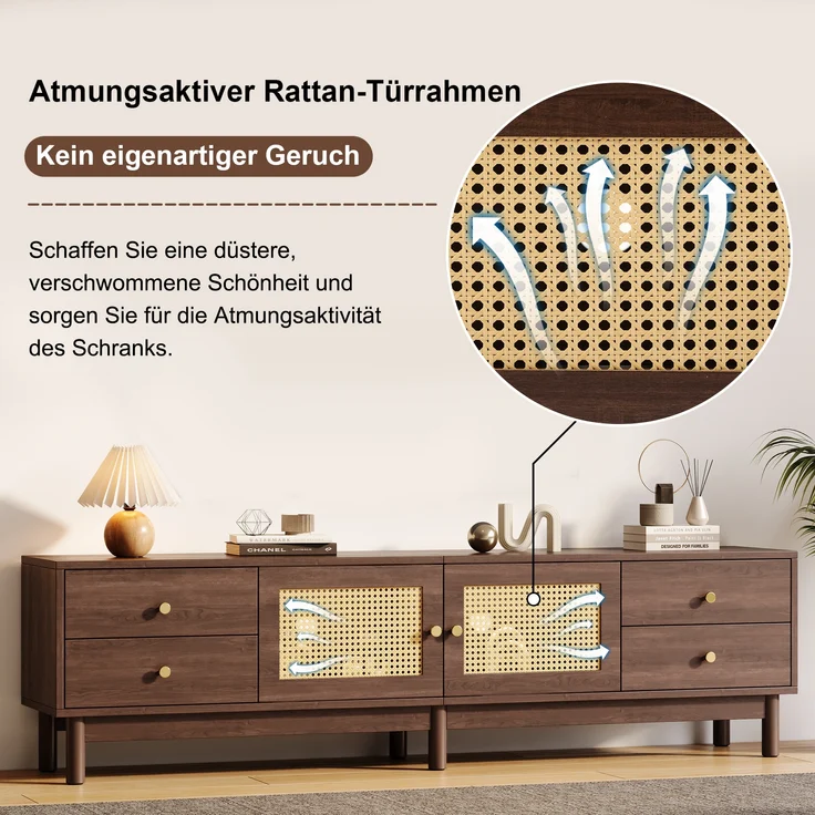 TV-Schrank, mit 2 Rattantüren, 4 Schubladen & Kabelmanagement, 180x35x44 cm, Braun – Bild 7