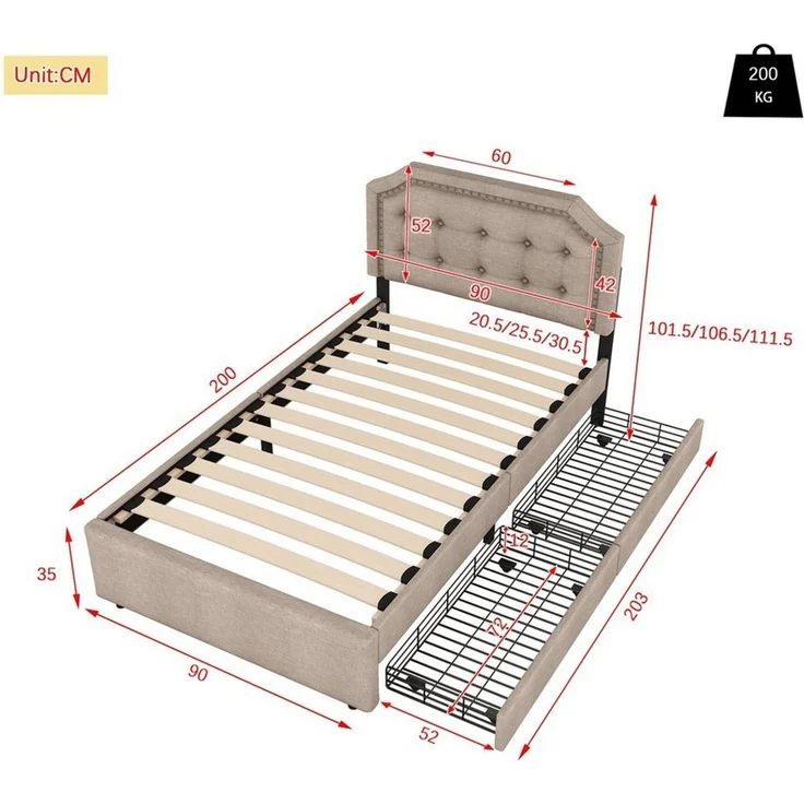 Flieks Polsterbett, Einzelbett 90x200 cm mit 2 Schubladen und höhenstellbarem Kopfteil – Bild 3