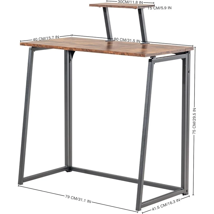 FurnitureR Klappbarer Schreibtisch mit Monitorständer, platzsparender Computertisch aus Holz und Metall im Industrial Design, zusammenklappbarer Arbeitstisch für Home Office, 80×40×75 cm,Vintage Braun – Bild 2
