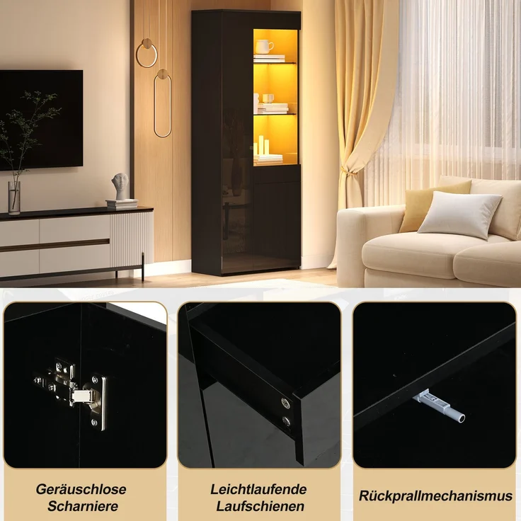 DESVIAE Vitrine Schwarz aus Spanplatte – 70x180x35 cm – LED-Beleuchtung, Schublade – Bild 5