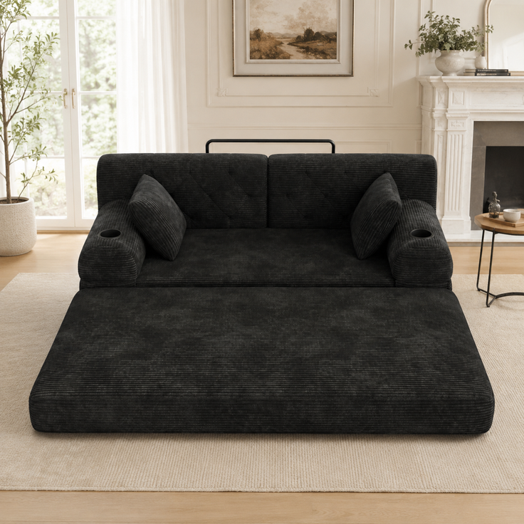 ZUBALIYA Schlafsofa 80x81 cm, mit Stauraum, mit Samtbezug, mit Cordbezug, mit Knopfheftung, mit breiten Armlehnen, Schwarz – Bild 6