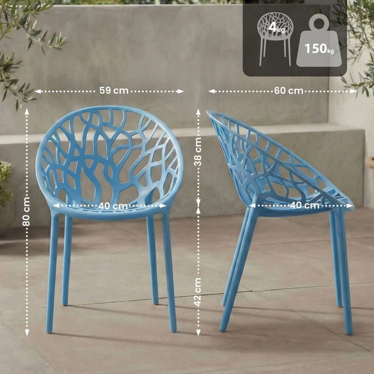 CLP 2er Set Gartenstühle Hope mit Lehne stapelbar wetterfest UV-beständig bis 150 kg - Farbe:blau – Bild 2