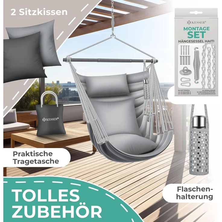 KESSER® 'Haiti' Hängesessel, 360° drehbar, UV-beständig & wasserfest, inkl. 2 Kissen, Tragetasche, Flaschenhalter & Montage-Set, grau/anthrazit, bis 150 kg belastbar – Bild 6