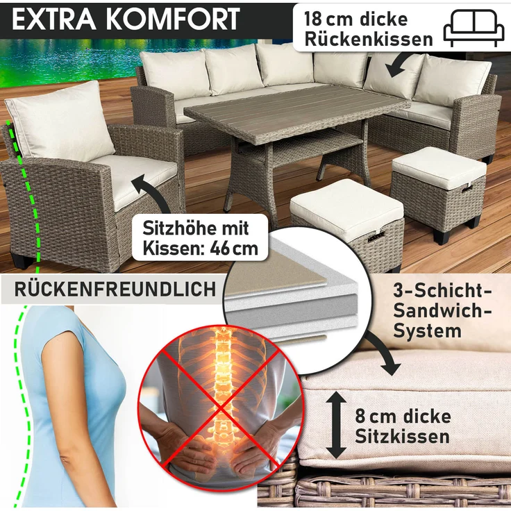 BRAST 'Hacienda' Gartenmöbel Set mit Kissen & Abdeckung, 10 Personen, Braun / Beige – Bild 8