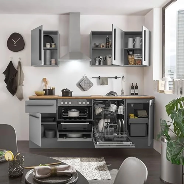 Denver Moderne Küchenzeile ohne Elektrogeräte in Grau, Lancelot Eiche Optik - Geräumige Einbauküche mit viel Stauraum - 220 x 211 x 60 cm (B/H/T) – Bild 5