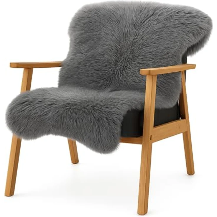 KARAT Lammfell echt - Charcoal Grey Flauschige Stuhlkissen Schaffell Deko Teppich für Wohzimmer & Kinderzimmer, Sitzauflage, Dekofell, mit Lederrücken 90x60 cm (Audrey) – Bild 2
