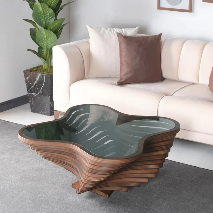 alesvelt Couchtisch rustikal handgefertigt Nussbaum Beistelltisch Glasplatte (1-Tisch), 90x90x39cm handgefertig Unikat Wellen-Optik MDF – Bild 1