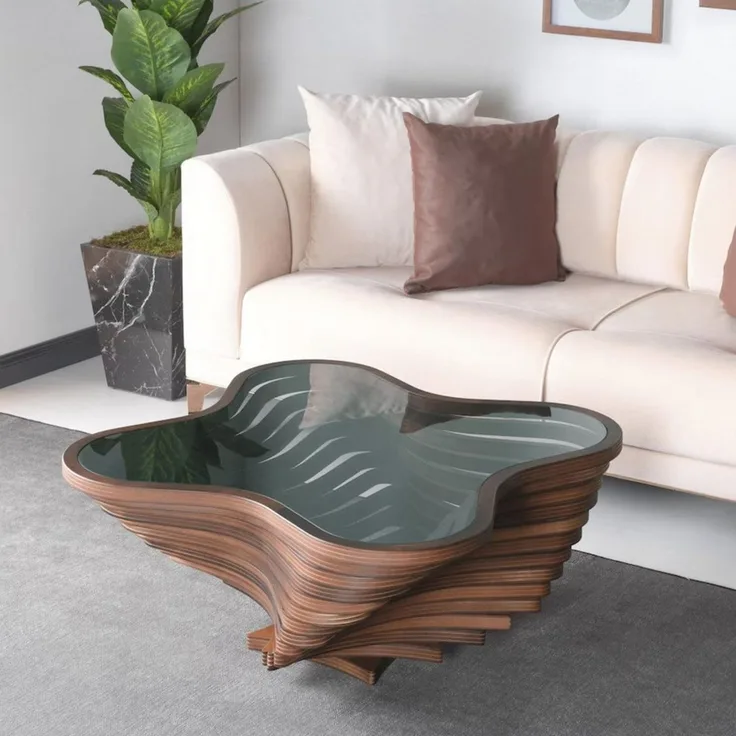 alesvelt Couchtisch rustikal handgefertigt Nussbaum Beistelltisch Glasplatte (1-Tisch), 90x90x39cm handgefertig Unikat Wellen-Optik MDF