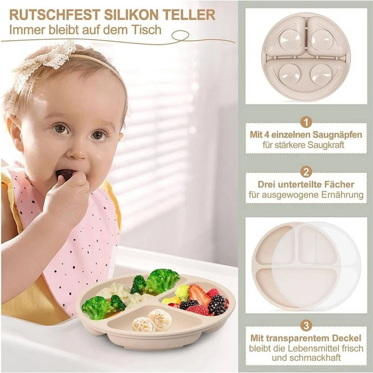 feinlux Kindergeschirr-Set Kindergeschirr-Set (7-tlg), 1 Personen, mit Staubschutzdeckel, Saugnapfboden, stoßfest – Bild 3