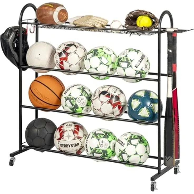 eluno Sportgeräte-Regalwagen Aufbewahrungsständer zur Aufbewahrung von Bällen, 0-tlg, mit seitlichen Haken und Baseballschlägerhalter