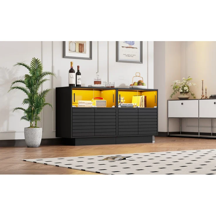 ZUBALIYA Sideboard 130x35x68 cm, mit LED-Beleuchtung, mit Glastüren, aus Spanplatte, Schwarz – Bild 10
