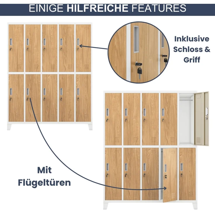 Umkleideschrank Spind BERLIN - 10 Abteile, Etikettenhalter Lüftungsschlitze | Umkleidespind Schließfachschrank Garderobenspind, 172 x 136 x 45 cm Weiß-Goldene Eiche – Bild 5