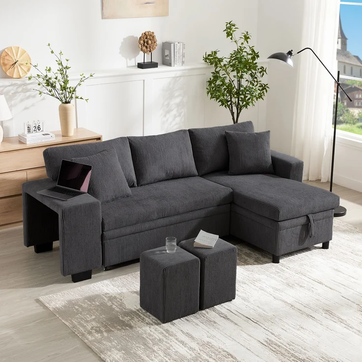 Schlafsofa 231×131,5×84 cm mit Schlaffunktion, Stauraum und USB/Typ-C Cordstoff Grau, modulare L‑Form – Bild 3