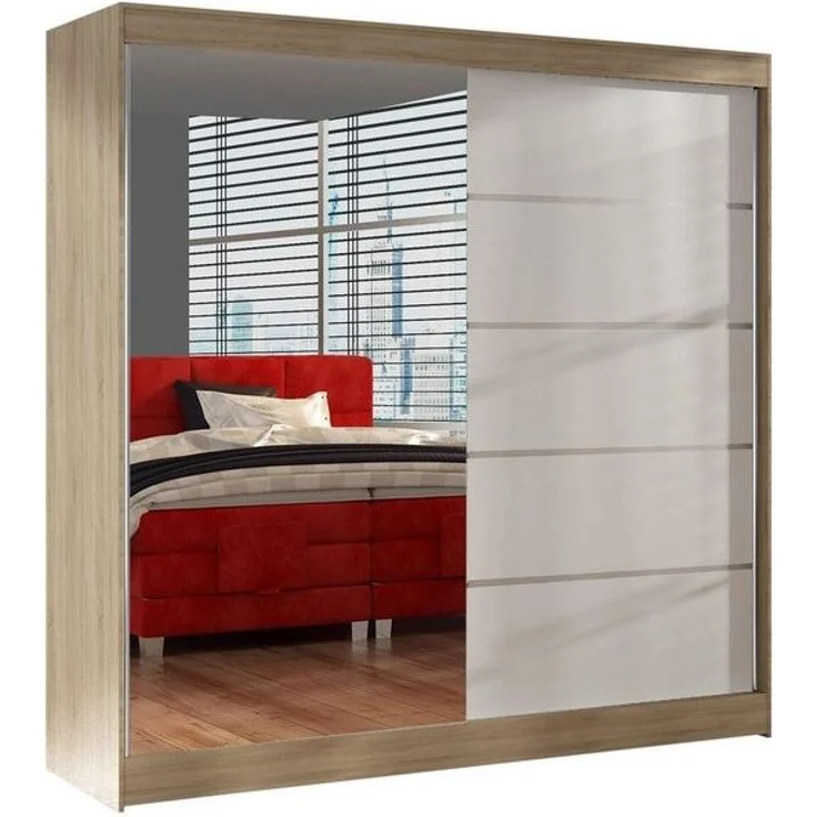 Schwebetürenschrank Basti III 200 cm mit Spiegel - Kleiderschrank, Schiebetürenschrank mit Kleiderstange und Einlegeboden, Schlafzimmerschrank, Schiebetüren, 200x215x58 cm (Sonoma/Weiß) – Bild 4