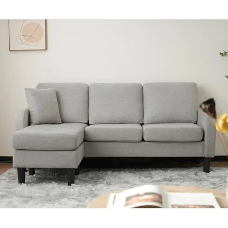 Ball & Cast L-förmiges Eckcouch mit Schlaffunktion, 3-Sitzer Sofa mit Kunststoffbeine aus Baumwoll-Leinenstoff für das Wohnzimmer Wohnung Villa, 166 x 77 x 118 (BxHxT), Grau – Bild 4