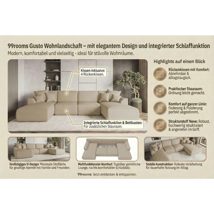 99rooms Wohnlandschaft Gusto, Sofa, U-Form, mit Schlaffunktion, mit abnehmbaren Kissen, Bezug - Strukturstoff NEVE – Bild 3