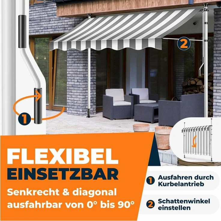 KESSER® Klemmmarkise mit Handkurbel & LED Lichterkette | Balkonmarkise ohne Bohren | Markise UV-beständig höhenverstellbar & wasserabweisend | Sonnenschutz für Balkon Terrasse & Garten Weiß / Grau, 150 cm – Bild 2