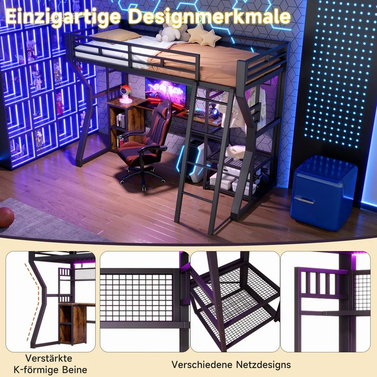 Hochbett, 90x200 cm, Eisenrahmen, mit Lichtleiste, Steckdose, Kleideraufhängebereich, Schreibtisch, Staufächer, Ablageböden, offener Raum unter dem Bett, ohne Matratze, Schwarz – Bild 7