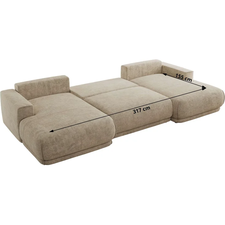 XXL Wohnlandschaft RINA U-Form 360 cm breit, Sofa mit Schlaffunktion & DL-Mechanismus, Wellenfederung, modern freistehend - Beige Schenille grob gewebt – Bild 8