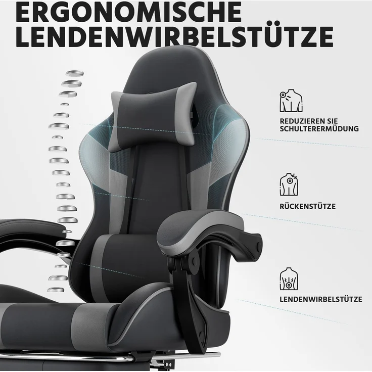 Gamingstuhl mit ergonomischer Form, verstellbarer Rückenlehne & Fußstütze, 58,5x63x120,5 cm, Schwarz/Grau – Bild 7
