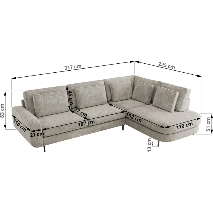 CALENO L-Form Ecksofa 317x225 cm, Massivholz-Rahmen & Wellenfedern, Sitzhöhe 51 cm, modernes Polstersofa rückenecht bezogen & freistehend - Hellgrau Schenille grob gewebt - Rechts Seite – Bild 8