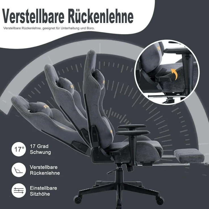 Symino Gaming Stuhl Bürostuhl Hochwertiger Stoff Ergonomisch Verstellbar Grau – Bild 5