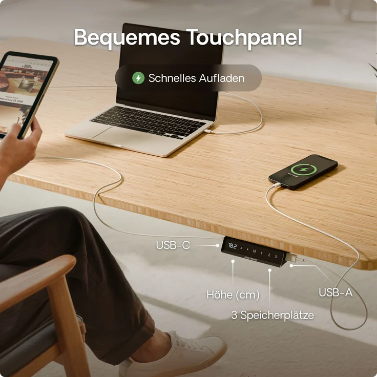 Desktronic HomeOne Elektrisch höhenverstellbarer Schreibtisch 120x60cm Bambus/Schwarz mit Memory-Funktion, Anti-Kollisions Technologie, USB-A und USB-C-Ladeanschlüssen – Bild 6