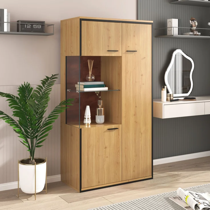 Vitrine aus MDF mit Glastür & LED-Beleuchtung, 77,5x40x150 cm, Natur – Bild 8